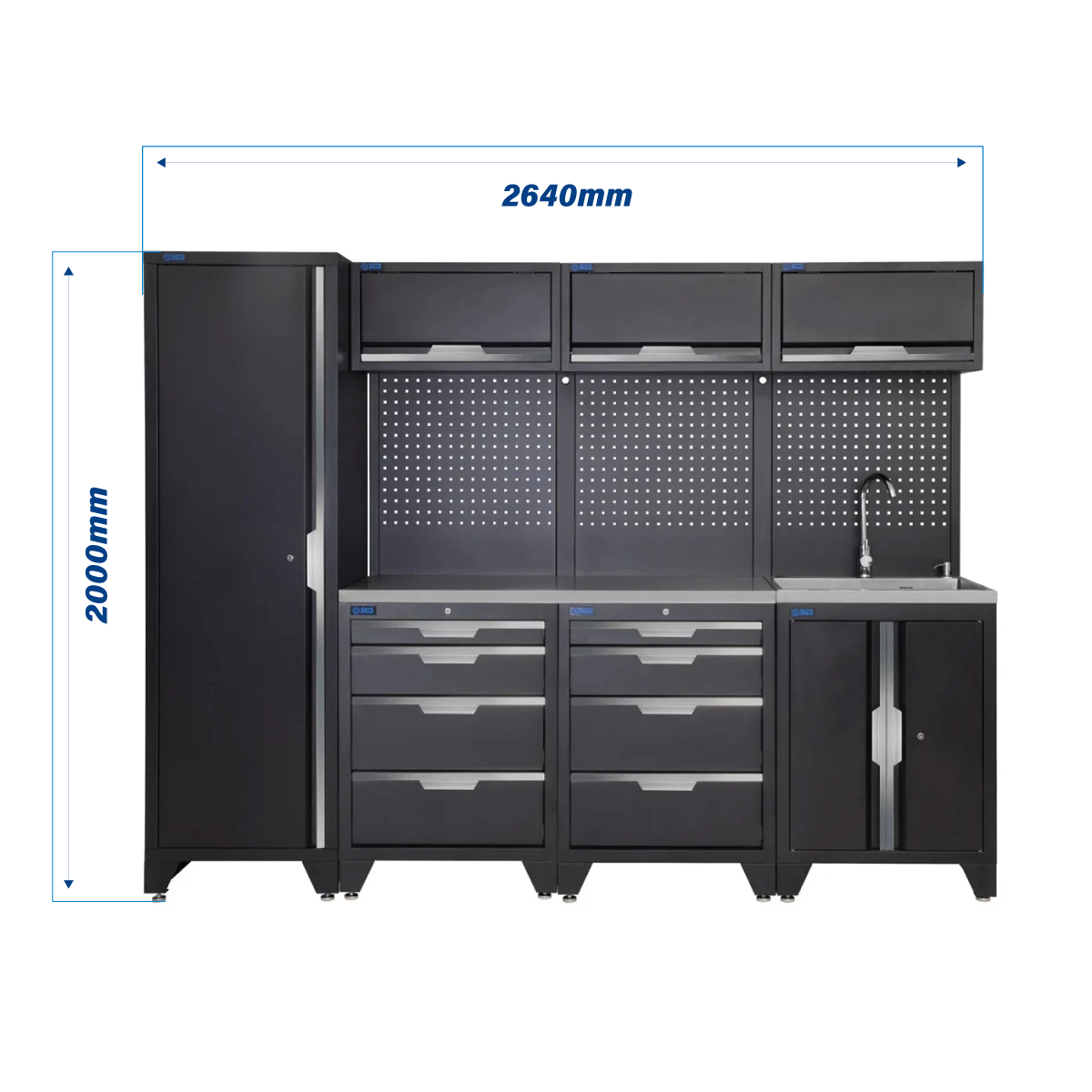 SGS 10pc Modular Garage Storage | 8 Drawers | Stainless Steel Worktop | Tall Single Cabinet | Sink Unit | 3x Upper Cabinets